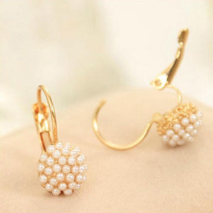 Women Faux Pearls Beads Golden Tone Alloy Huggie Earrings Eardrop Party Jewelry