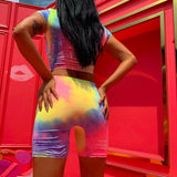 Short Sleeve Crop Tops Shorts Tie Dye Print Colorful 2 Piece Set