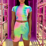 Short Sleeve Crop Tops Shorts Tie Dye Print Colorful 2 Piece Set