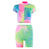 Short Sleeve Crop Tops Shorts Tie Dye Print Colorful 2 Piece Set