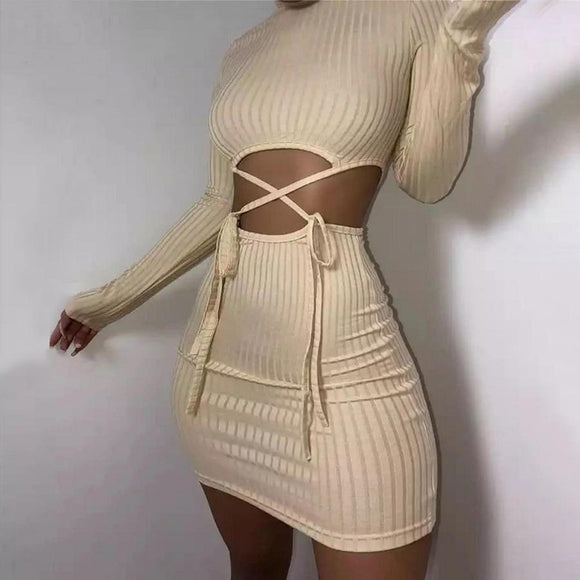 Women Sling Dress Full Sleeve Hollow Out Ribbed Bodycon Elastic Hight