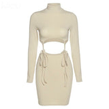 Women Sling Dress Full Sleeve Hollow Out Ribbed Bodycon Elastic Hight