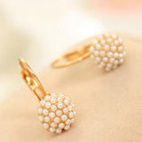 Women Faux Pearls Beads Golden Tone Alloy Huggie Earrings Eardrop Party Jewelry