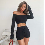 Knit Women Set Summer Sexy Long Sleeve Crop Top And Biker Shorts