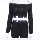 Knit Women Set Summer Sexy Long Sleeve Crop Top And Biker Shorts