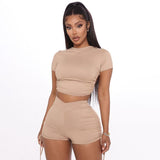 Short Sleeve Backless Biker Shorts Bandage 2 Pieces Set