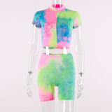 Short Sleeve Crop Tops Shorts Tie Dye Print Colorful 2 Piece Set