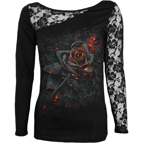 BURNT ROSE - Lace One Shoulder Top Black